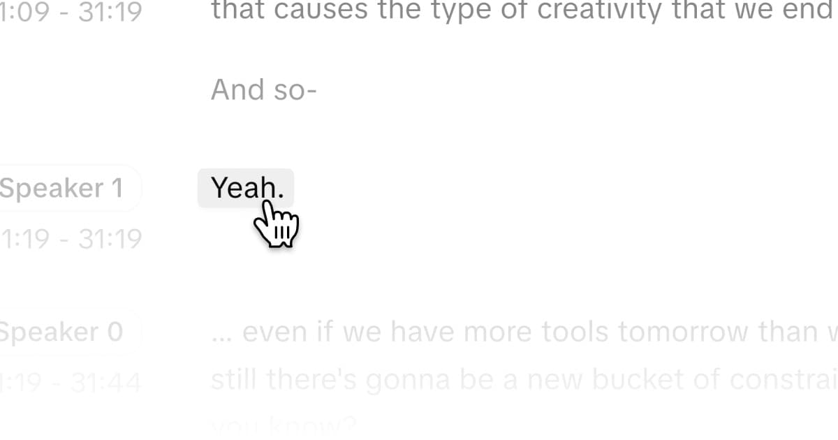 Interactive transcript in MOD where users can click on spoken words to jump to specific moments in an audio recording